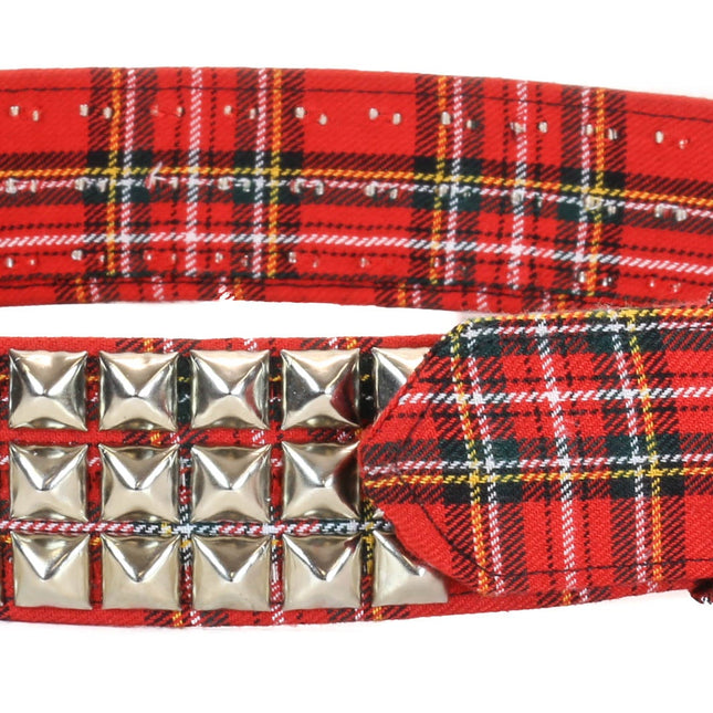 BT104PD-RED  PLAID 3 ROW PYRAMID STUDDED  BELT