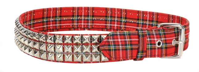BT104PD-RED  PLAID 3 ROW PYRAMID STUDDED  BELT