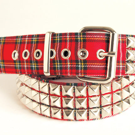 BT104PD-RED  PLAID 3 ROW PYRAMID STUDDED  BELT