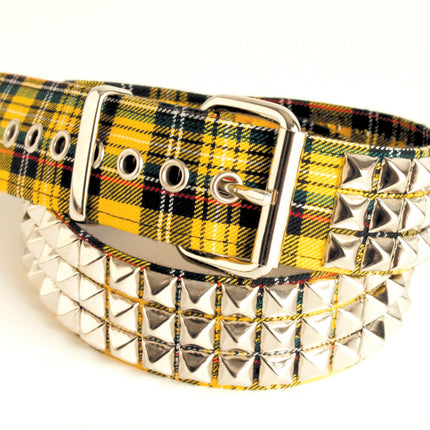 BT104PD YELLOW PUNK PLAID BRITISH 3ROW PYRAMID STUDDED BELT
