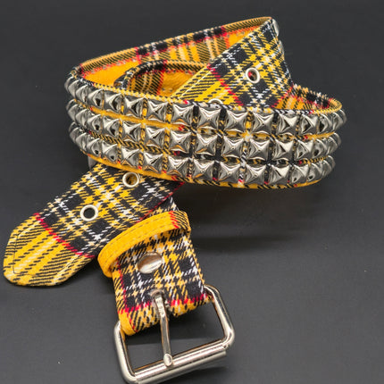 BT104PD YELLOW PUNK PLAID BRITISH 3ROW PYRAMID STUDDED BELT