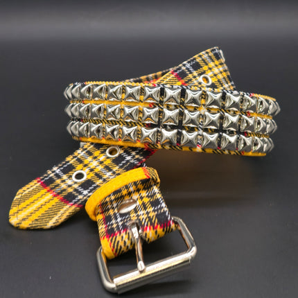 BT104PD YELLOW PUNK PLAID BRITISH 3ROW PYRAMID STUDDED BELT