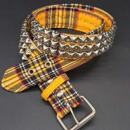 BT104PD YELLOW PUNK PLAID BRITISH 3ROW PYRAMID STUDDED BELT