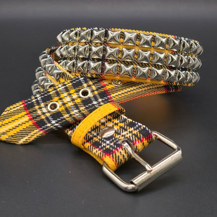 BT104PD YELLOW PUNK PLAID BRITISH 3ROW PYRAMID STUDDED BELT
