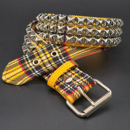 BT104PD YELLOW PUNK PLAID BRITISH 3ROW PYRAMID STUDDED BELT