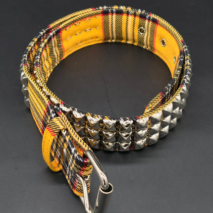 BT104PD YELLOW PUNK PLAID BRITISH 3ROW PYRAMID STUDDED BELT