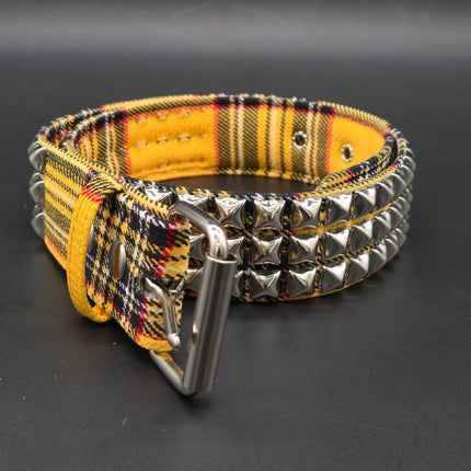 BT104PD YELLOW PUNK PLAID BRITISH 3ROW PYRAMID STUDDED BELT