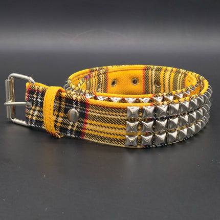 BT104PD YELLOW PUNK PLAID BRITISH 3ROW PYRAMID STUDDED BELT
