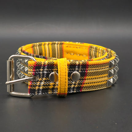 BT104PD YELLOW PUNK PLAID BRITISH 3ROW PYRAMID STUDDED BELT