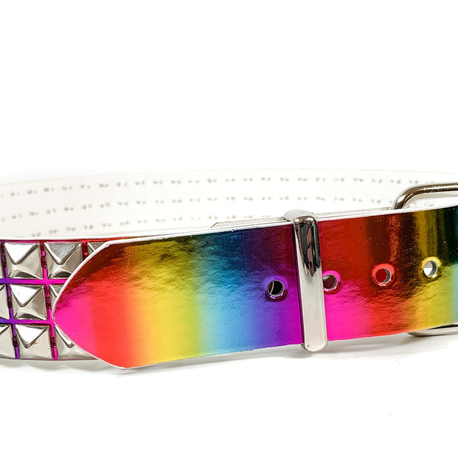 BT104RN-M  RAINBOW HOLOGRAPHIC 3 ROW PYRAMID STUDDED  BELT
