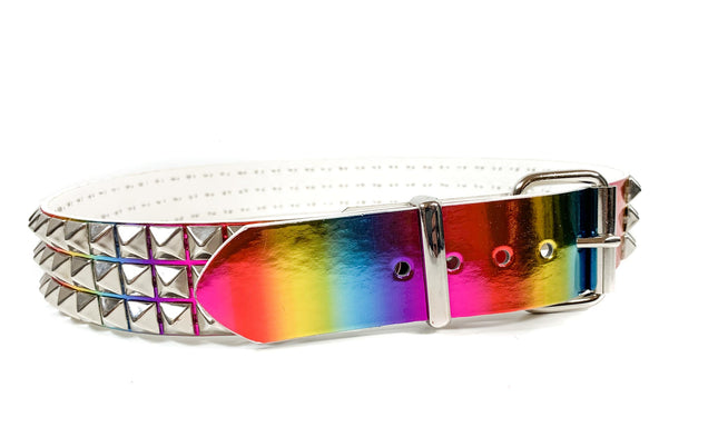 BT104RN-M  RAINBOW HOLOGRAPHIC 3 ROW PYRAMID STUDDED  BELT