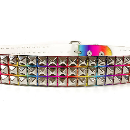 BT104RN-M  RAINBOW HOLOGRAPHIC 3 ROW PYRAMID STUDDED  BELT