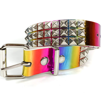 BT104RN-M  RAINBOW HOLOGRAPHIC 3 ROW PYRAMID STUDDED  BELT