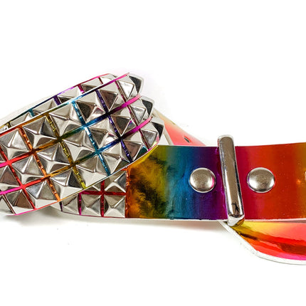BT104RN-M  RAINBOW HOLOGRAPHIC 3 ROW PYRAMID STUDDED  BELT