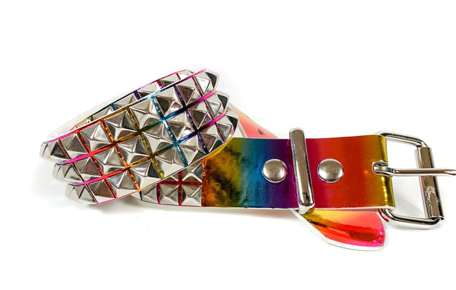 BT104RN-M  RAINBOW HOLOGRAPHIC 3 ROW PYRAMID STUDDED  BELT