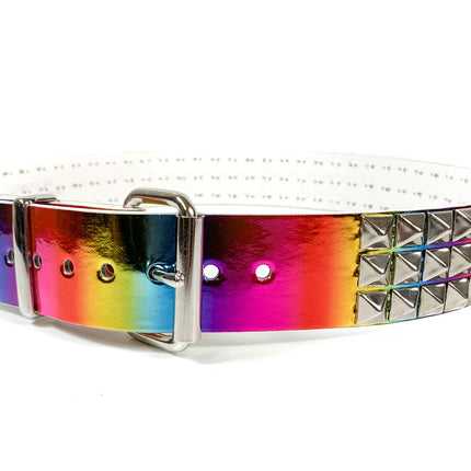 BT104RN-M  RAINBOW HOLOGRAPHIC 3 ROW PYRAMID STUDDED  BELT