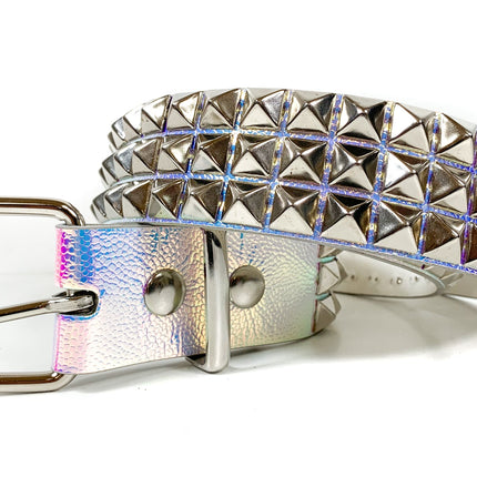 BT104RN-PBL PEBBLED RAINBOW 3 ROW PYRAMID STUDDED  BELT