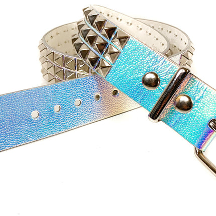 BT104RN-PBL PEBBLED RAINBOW 3 ROW PYRAMID STUDDED  BELT