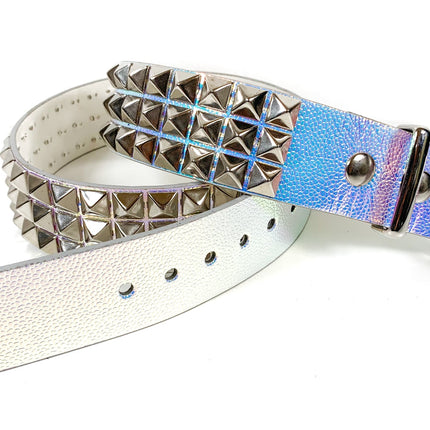BT104RN-PBL PEBBLED RAINBOW 3 ROW PYRAMID STUDDED  BELT