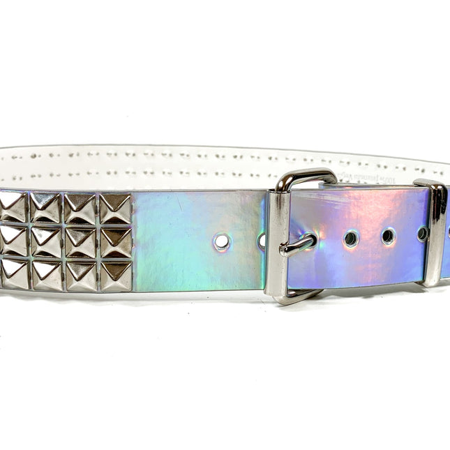 BT104RN-SIL  SILVER RAINBOW 3 ROW PYRAMID STUDDED  BELT