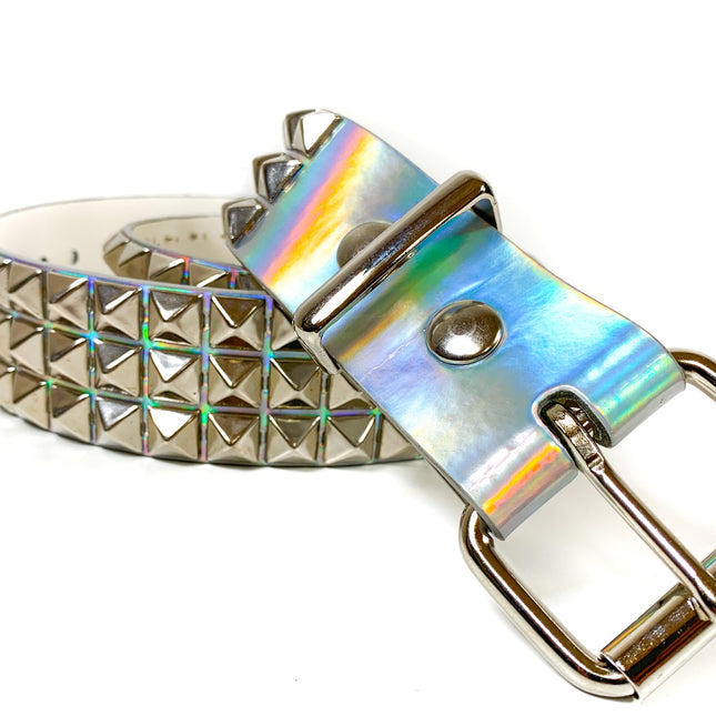 BT104RN-SIL  SILVER RAINBOW 3 ROW PYRAMID STUDDED  BELT