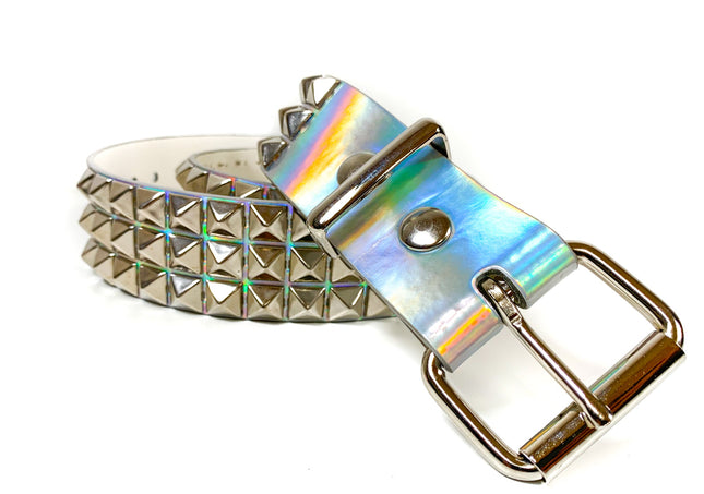 BT104RN-SIL  SILVER RAINBOW 3 ROW PYRAMID STUDDED  BELT