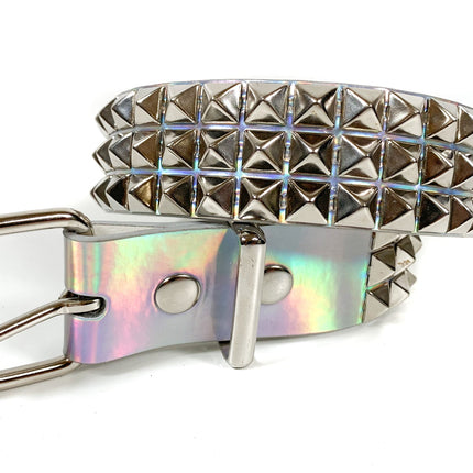 BT104RN-SIL  SILVER RAINBOW 3 ROW PYRAMID STUDDED  BELT