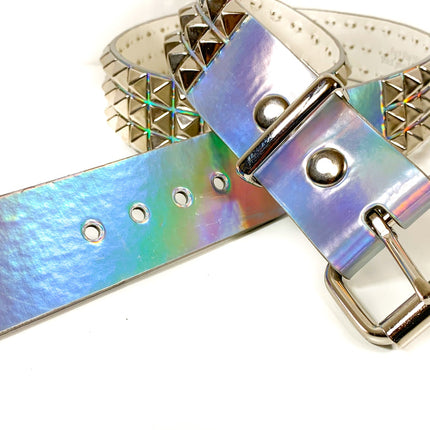 BT104RN-SIL  SILVER RAINBOW 3 ROW PYRAMID STUDDED  BELT