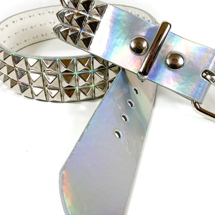 BT104RN-SIL  SILVER RAINBOW 3 ROW PYRAMID STUDDED  BELT