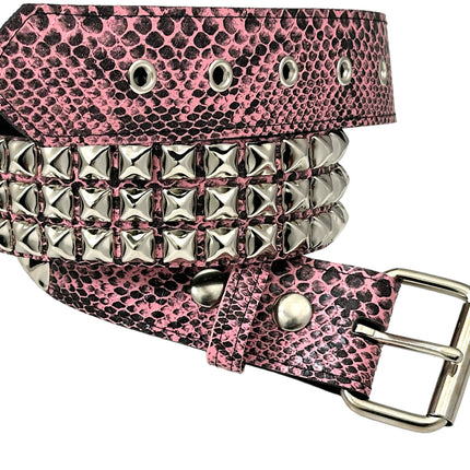 BT104SNK-PINK SNAKE 3 ROW PYRAMID STUD BELT