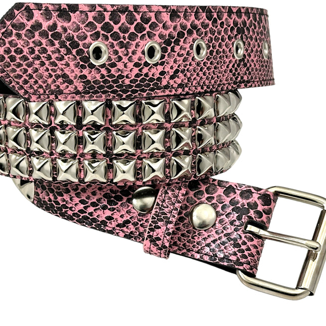 BT104SNK-PINK SNAKE 3 ROW PYRAMID STUD BELT