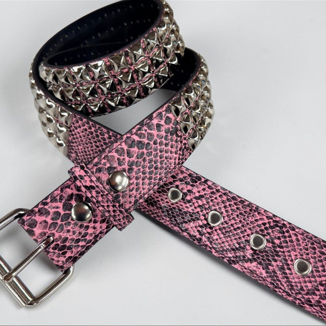 BT104SNK-PINK SNAKE 3 ROW PYRAMID STUD BELT