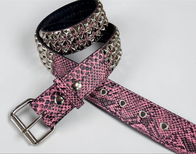 BT104SNK-PINK SNAKE 3 ROW PYRAMID STUD BELT