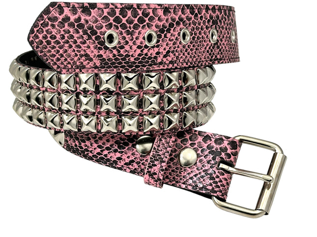 BT104SNK-PINK SNAKE 3 ROW PYRAMID STUD BELT