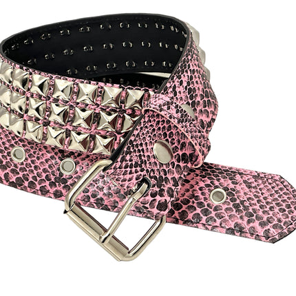 BT104SNK-PINK SNAKE 3 ROW PYRAMID STUD BELT