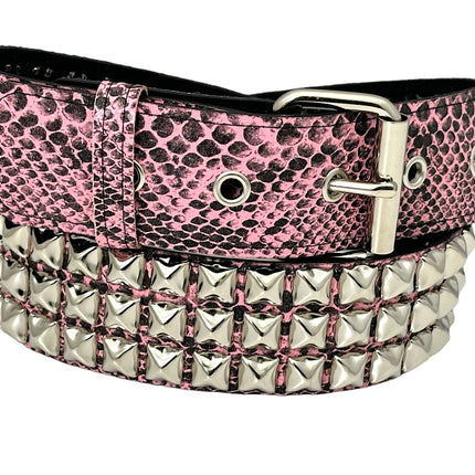 BT104SNK-PINK SNAKE 3 ROW PYRAMID STUD BELT