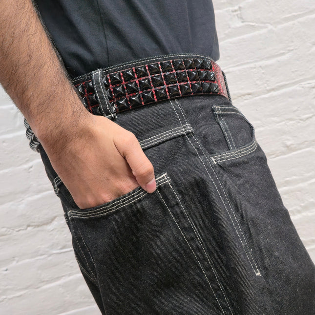 BT104SNK-RED-BS  RED SNAKE 3 ROW BLACK PYRAMID STUD BELT