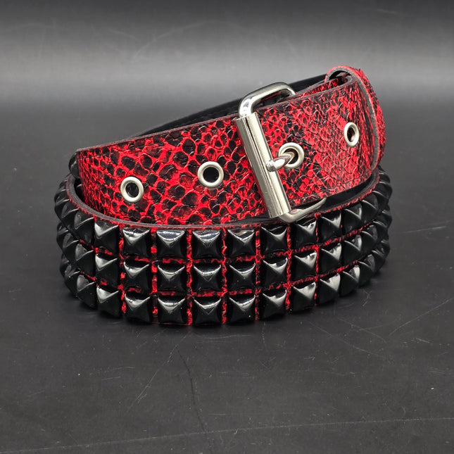 BT104SNK-RED-BS  RED SNAKE 3 ROW BLACK PYRAMID STUD BELT