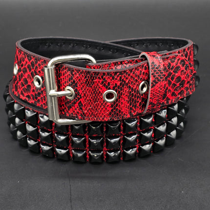 BT104SNK-RED-BS  RED SNAKE 3 ROW BLACK PYRAMID STUD BELT