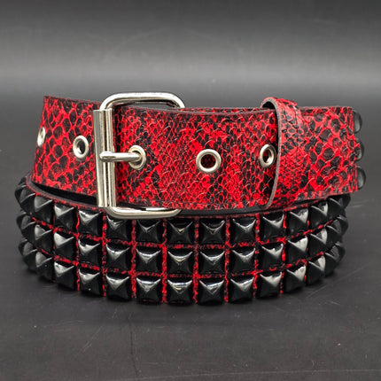 BT104SNK-RED-BS  RED SNAKE 3 ROW BLACK PYRAMID STUD BELT