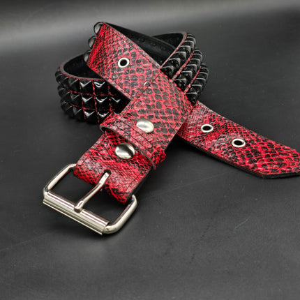 BT104SNK-RED-BS  RED SNAKE 3 ROW BLACK PYRAMID STUD BELT