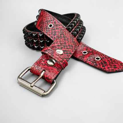 BT104SNK-RED-BS  RED SNAKE 3 ROW BLACK PYRAMID STUD BELT
