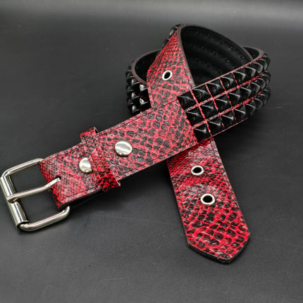 BT104SNK-RED-BS  RED SNAKE 3 ROW BLACK PYRAMID STUD BELT