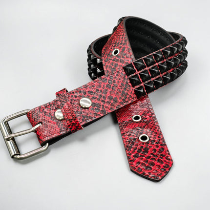 BT104SNK-RED-BS  RED SNAKE 3 ROW BLACK PYRAMID STUD BELT