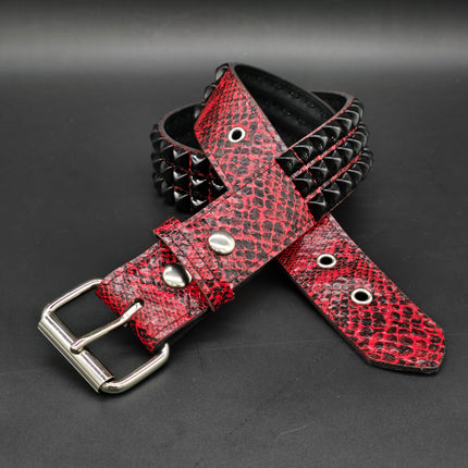 BT104SNK-RED-BS  RED SNAKE 3 ROW BLACK PYRAMID STUD BELT