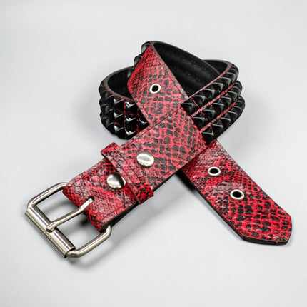 BT104SNK-RED-BS  RED SNAKE 3 ROW BLACK PYRAMID STUD BELT
