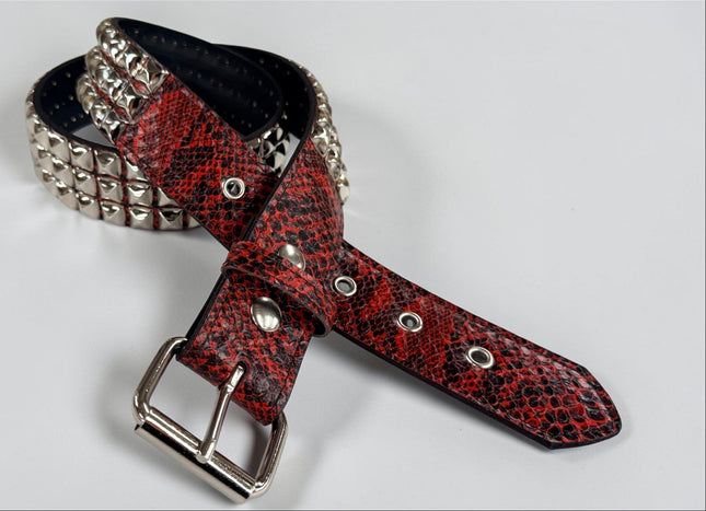 BT104SNK-RED  PYTHON RED SNAKE 3 ROW PYRAMID STUD BELT