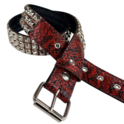 BT104SNK-RED  PYTHON RED SNAKE 3 ROW PYRAMID STUD BELT