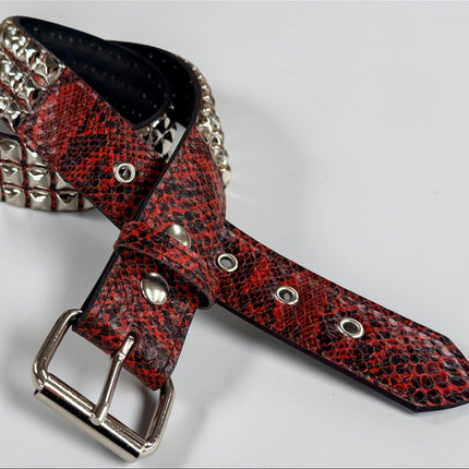 BT104SNK-RED  PYTHON RED SNAKE 3 ROW PYRAMID STUD BELT