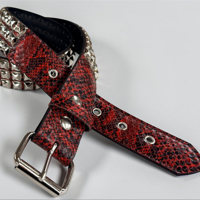 BT104SNK-RED  PYTHON RED SNAKE 3 ROW PYRAMID STUD BELT